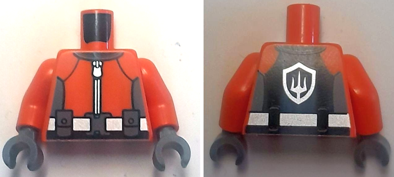 Lego Torso Wetsuit, Dark Bluish Gray Panels, Silver Zipper, Belt with Buckle and Pouches, Trident Badge Logo on Back Pattern / Reddish Orange Arms / Dark Bluish Gray Hands