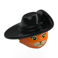 Lego Minifig Head Special, Cat with Black Hat, Bright Green Eyes, Tan Nose, Black Whiskers print (Puss in Boots) / Black