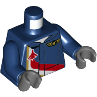 Lego Torso Jumpsuit with Red, White, and Gold Lines with Red Plane, Gold Pilot Badge Print, Dark Blue Arms, Dark Bluish Gray Hands / Dark Blue