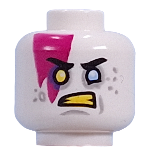 Lego Minifig Head Madteo, Magenta Lightning Bolt, Yellow Left, Bright Light Blue Right Eye, Light Bluish Grey Eyeshadow, Spots, Yellow Teeth, Means Smile/Angry / White