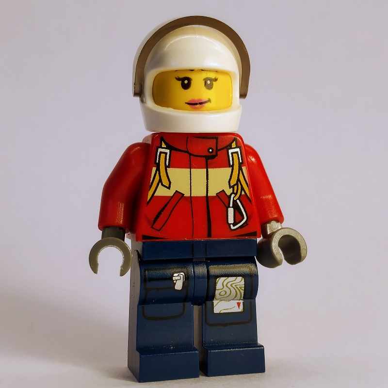 Lego Firewoman, Red Jacket with Straps, Dark Blue Legs, White Helmet with Visor