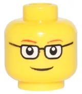 Minifig Head, Glasses Rectangular, Red Thin Eyebrows, Smile Print