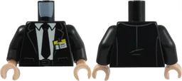 Torso Suit Jacket Open over White Shirt with Tie, Belt with Buckle, ID Badge with Yellow Top and Dark Bluish Gray Clip and Creases Pattern / Black Arms / Light Nougat Hands / Black