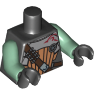 Lego Torso Armor with Medium Nougat Panel, Reddish Brown Shoulder Strap Print (Embo), Sand Green Arms, Black Hands / Black