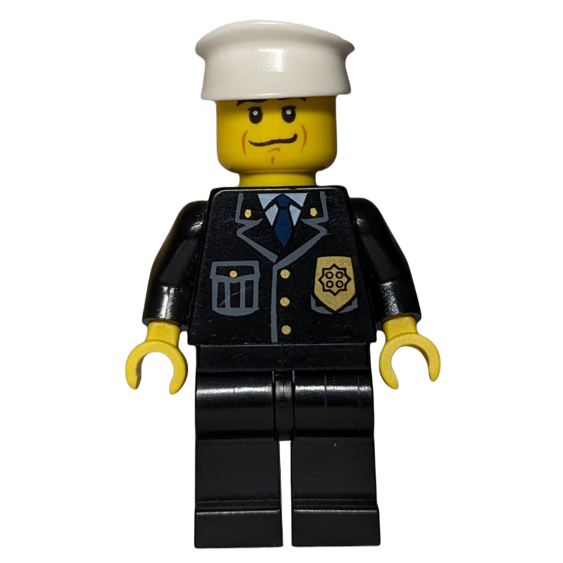 Lego Policeman, Black Jacket with Pocket and Badge, White Hat