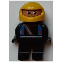 Duplo Figure, Early, Helmet Yellow, Light Gray Legs, Blue Straps and Racer Diagonal Zipper Print / Black