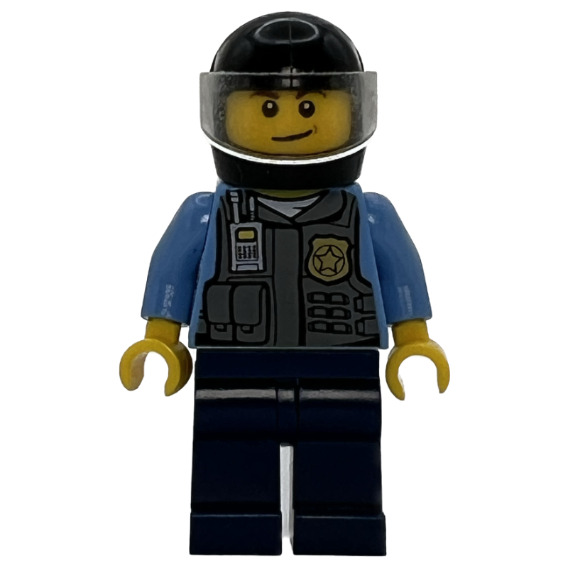 Lego Policeman, Dark Bluish Gray Vest with Radio, Badge and Pouches over Medium Blue Shirt, Black Helmet with Visor