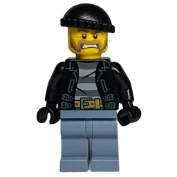 Criminal, Open Black Jacket over Prison Shirt, Sand Blue Legs, Black Hat, Beard