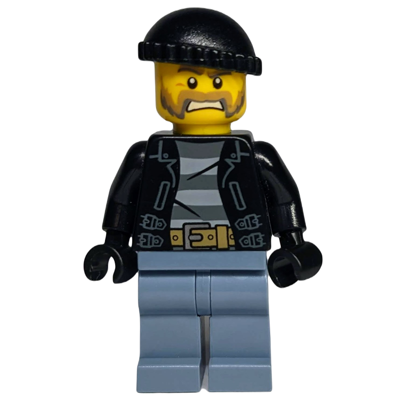 Lego Criminal, Open Black Jacket over Prison Shirt, Sand Blue Legs, Black Hat, Beard