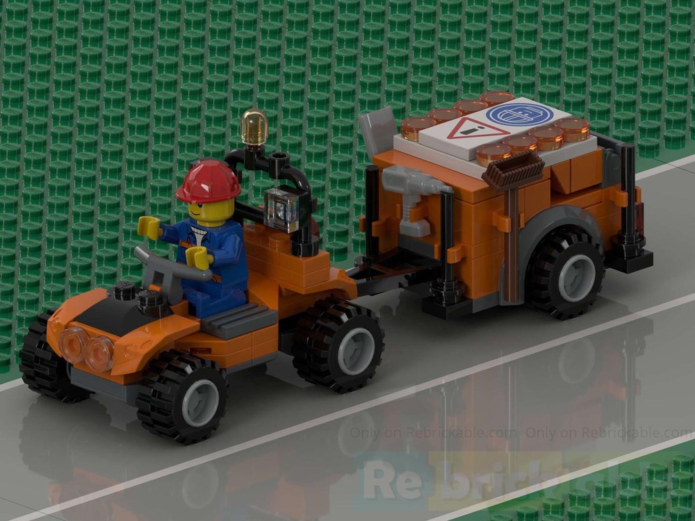 Lego Construction site quad with warning sign trailer in minifigure scale