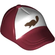 Hat / Cap Short Curved Bill with Seams on Peak and Button on Top with Black Beaver on White Print / Dark Red