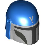 Lego Helmet Mandalorian with Holes, Dark Bluish Grey Decorations, Black Visor, Flat Silver Front Print / Blue