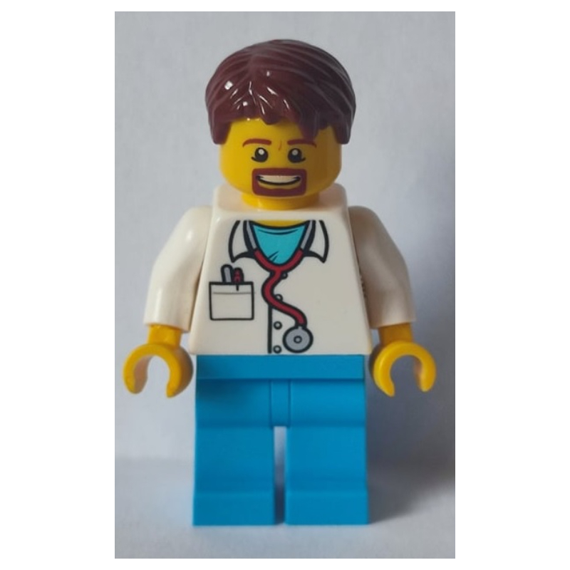 Lego Doctor Dokter, Dark Azure Legs, Reddish Brown Hair, Beard