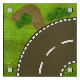 Baseplate with 4 Square Corner Holes and Curved Road / Straight Road Print / [No Color/Any Color]