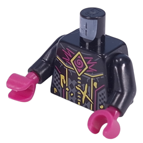 Lego Torso, Magenta/Bright Light Yellow Lines, Silver Armor print, Black Arms, Magenta Hands / Black