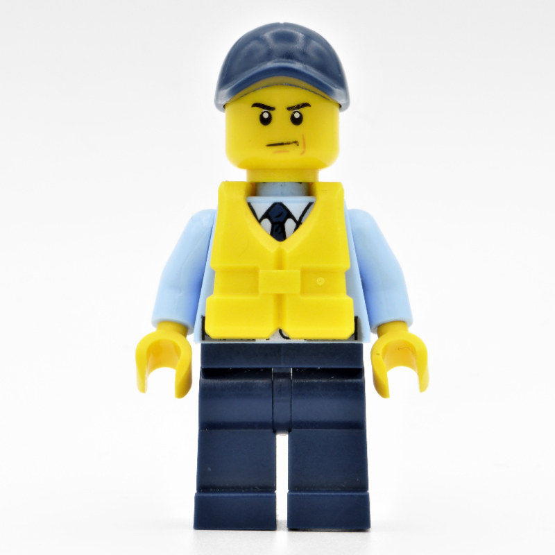 Lego Policeman, Bright Light Blue Jacket with Zipper, Radio, Badge, and Tie, Dark Blue Legs, Dark Blue Cap, Yellow Life Vest