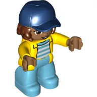 Duplo Figure with Cap Dark Blue, Medium Azure Legs, Yellow Jacket, White and Medium Azure Striped Undershirt, Curly Reddish Brown Hair / Yellow