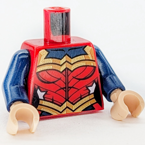 Lego Torso Bodysuit, Pearl Gold Print (Wonder Woman), Dark Blue Arms, Light Nougat Hands / Red