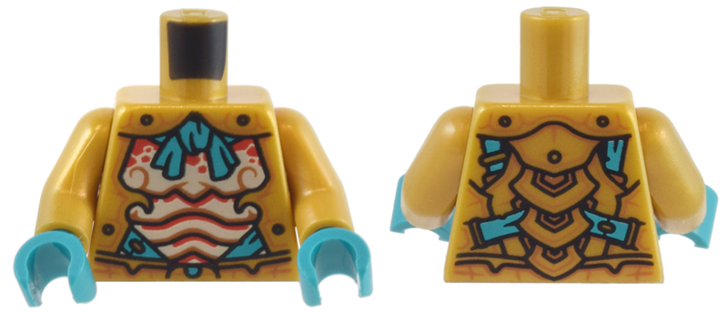 Lego Torso Armor, Dark Turquoise Tie and Straps, Red and Tan Scales Pattern / Pearl Gold Arms / Dark Turquoise Hands