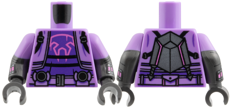 Lego Torso Jacket, Black Straps, Dark Purple Shirt, Dark Pink Cat Skull Outline, Dark Silver Belt Buckle and Panel on Back Pattern / Pearl Dark Gray Arms with Molded Lavender Short Sleeves and Printed Dark Silver Web Slingers Pattern / Pearl Dark Gray Hands