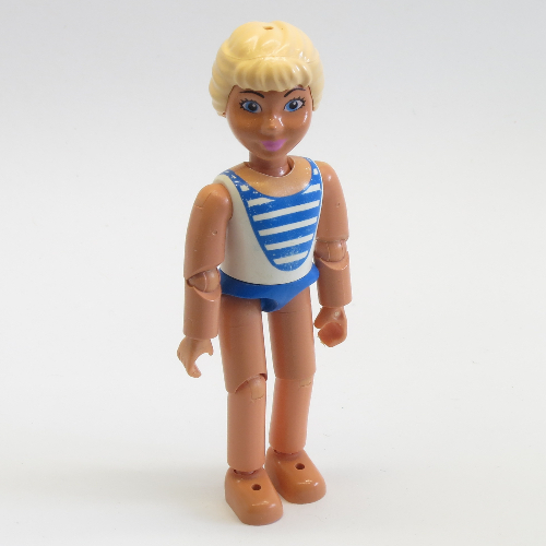 Lego Belville Figure Articulated Elbows, Child, Female, Light Yellow Hair, White Swimsuit with Blue Stripes Print (Laura) / Nougat