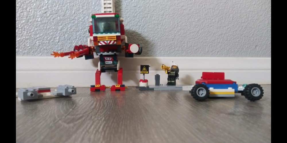 Lego Mechs: Fire Truck Mech and Droid Fighter, With Droid Gunner And Street