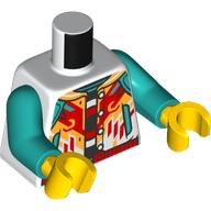 Lego Torso, Jacket, Red/Bright Light Orange Dark Turquoise Shapes, Dragon/Monkey on Back, Black Shirt print, Dark Turquoise Arms, Yellow Hands / White