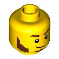 Minifig Head Rogue, Beard Reddish Brown, Bushy Eyebrows, Sideburns, White Pupils, Lopsided Smile Print [Hollow Stud] / Yellow