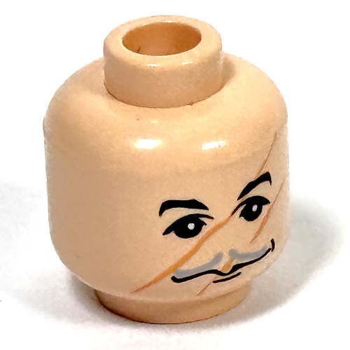 Lego Minifig Head Remus Lupin, Moustache Thin Gray, Wide Smirk, Scratches/Scars on Face Print / Light Nougat