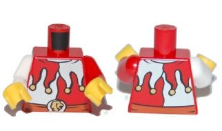 Lego Torso Jester Costume with White Panels and Gold Bells, Dark Orange Belt with Silver Buckle with Lion Head Pattern / Red Arm Left / White Arm Right / Yellow Hands