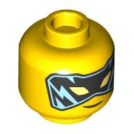 Lego Minifig Head Jay, Black and Medium Blue Eyemask / Dark Orange Eyebrows, Freckles, Angry Grin print / Yellow