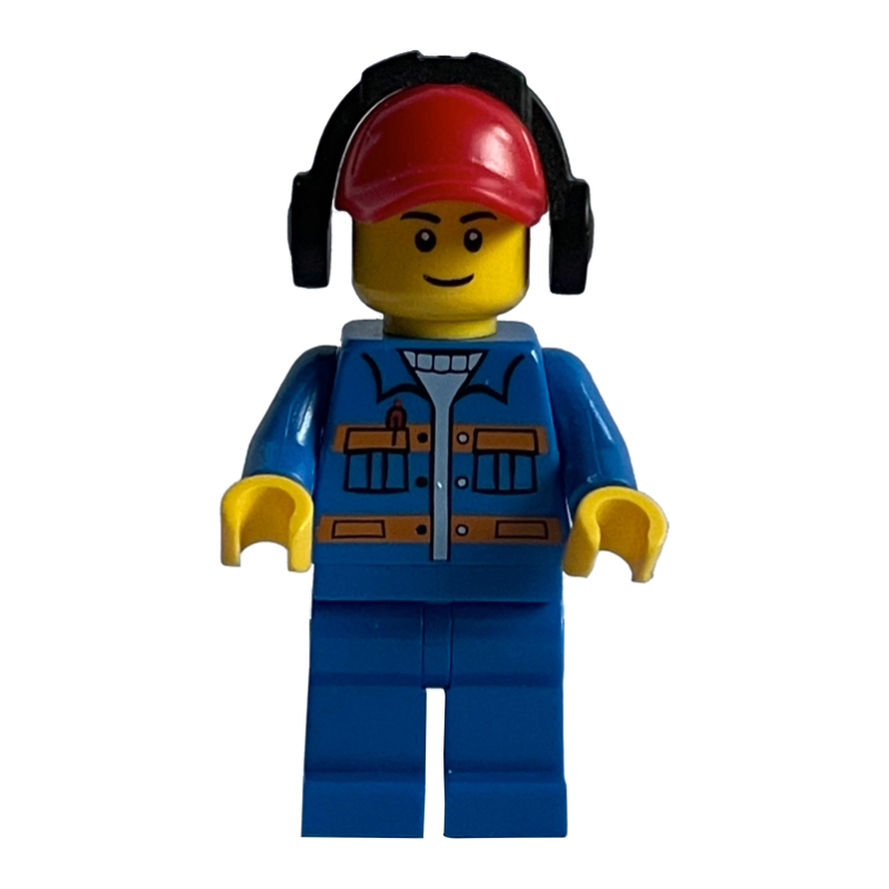 Lego Ground Crew, Blue Jacket with Orange Stripes, Red Cap with Ear Defenders
