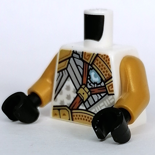 Lego Torso Armor, Light Bluish Gray Panels, Gold Belt and Shoulder Pads, Reddish Brown Strap print, Pearl Gold Arms, Black Hands / White
