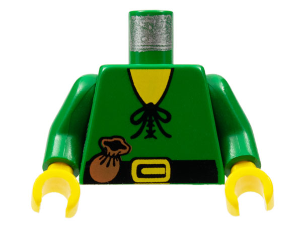 Lego Torso Castle Forestman Shirt with Laces, Black Belt with Buckle, Brown Pouch, Yellow Neck Pattern / Green Arms / Yellow Hands