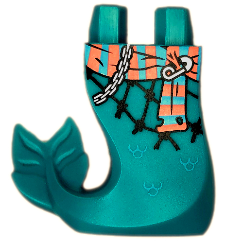Lego Tail, Mermaid Curved Right with Coral/Medium Azure Sash, Safety Pin, Chain Print