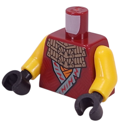 Lego Torso, Ninja Robe, Sand Green Trim, Dark Tan Armor Plating, Orange Sash print, Yellow Arms, Black Hands / Dark Red