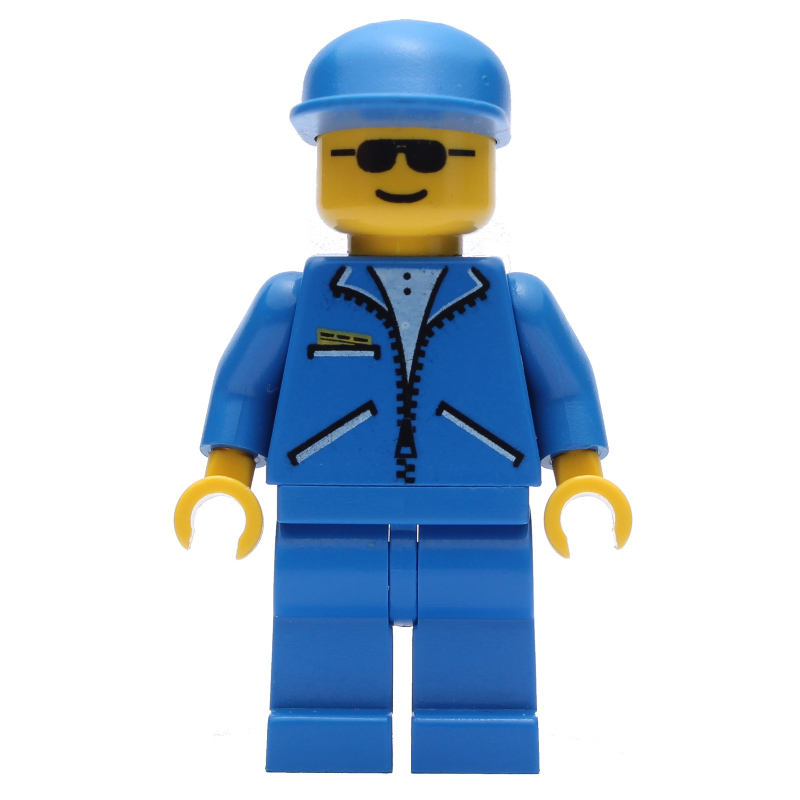 Lego Man, Blue Jacket with Zipper, Blue Legs, Blue Cap, Sunglasses