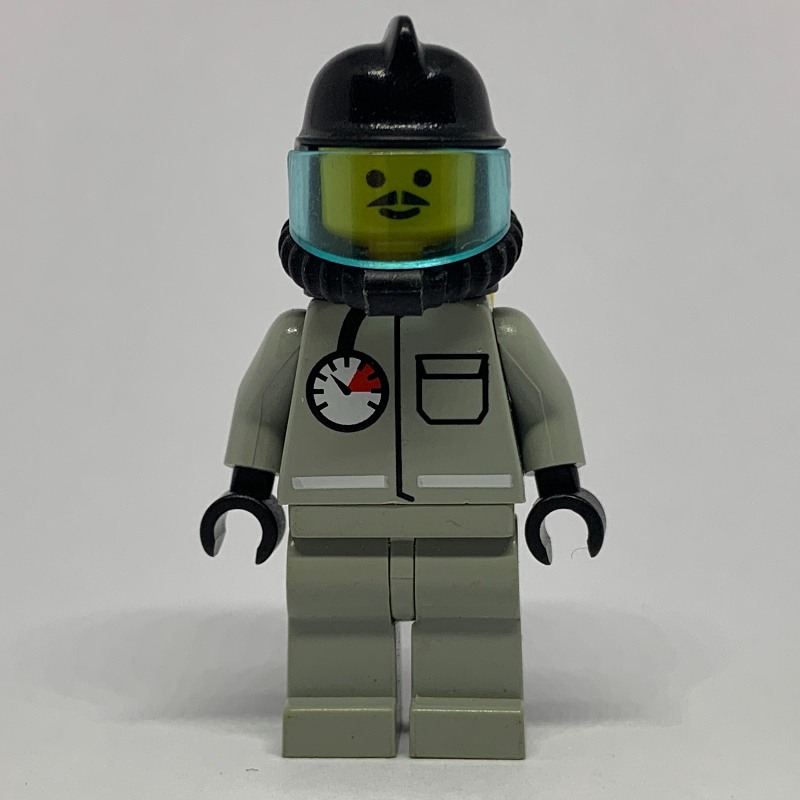 Lego Fireman, Light Gray Fire Suit with Gauge and Pocket, Black Helmet with Visor, Breathing Apparatus, Airtanks, Moustache