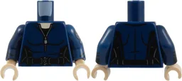 Torso Armor Female Suit with Silver Zipper, Highlights, and Belt Buckle, Black Shirt and Side Panels, Light Nougat Neck Pattern / Dark Blue Arms with Black Cuffs, Sand Blue SHIELD Logos, and Insignia with White Arrow Pattern / Light Nougat Hands / Dark Blue