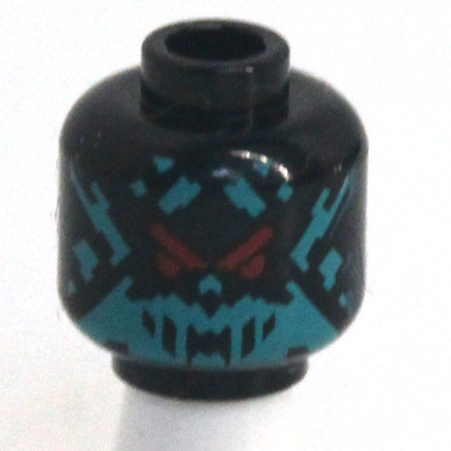 Lego Minifig Head Red Visor, Red 'V' and Eye Stripe with 9 Vertical Stripes / Dark Turquoise Pixelated Face with Red Eyes Print / Black