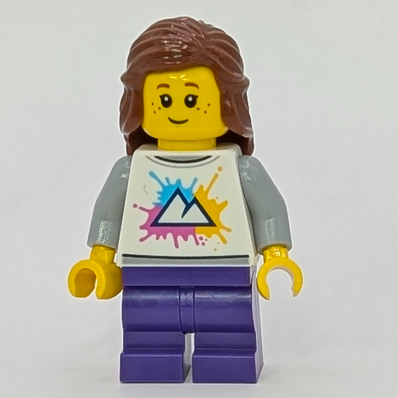 Lego Girl, White Shirt, Dark Purple Legs, Reddish Brown Hair
