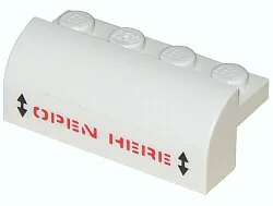 Slope, Curved 2 x 4 x 1 1/3 with 4 Recessed Studs with Red 'OPEN HERE' with Black Arrows Pattern (Sticker) - Set 5974