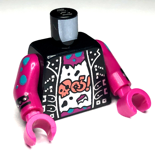 Lego Torso Jacket, Open over White Shirt with Coral Curse Words, Silver Trim print, Magenta Arms and Hands / Black