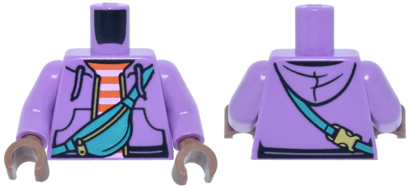 Lego Torso Hoodie Open with Drawstrings, Pockets and Gold Zipper, Reddish Orange and Bright Pink Striped Shirt, Dark Turquoise Shoulder Bag Pattern / Medium Lavender Arms / Medium Brown Hands