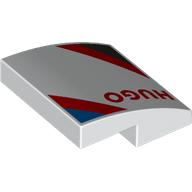 Lego Brick Curved 2 x 2 x 2/3 with Red 'HUGO', Blue/Red/Black Stripes print / White