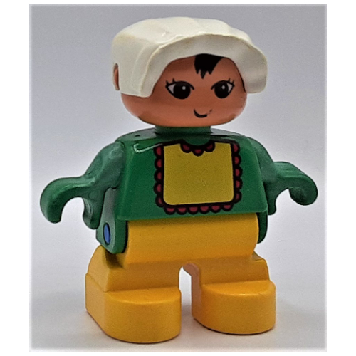 Lego Duplo Figure, Early Child, with Bonnet White, Yellow Legs, Yellow Bib with Red Lace Print / Green