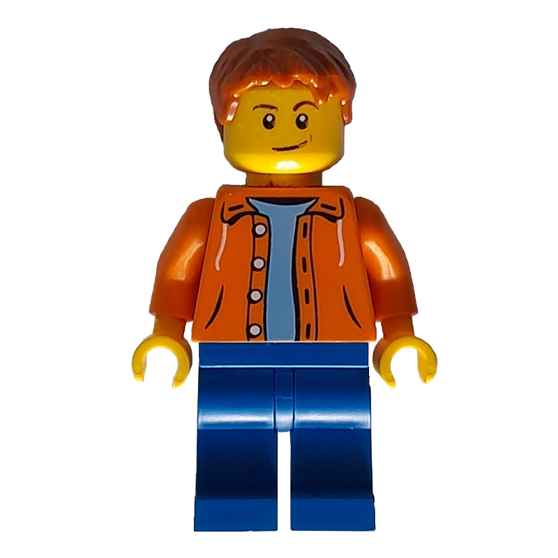 Lego Man, Open Orange Shirt, Blue Legs, Dark Orange Hair