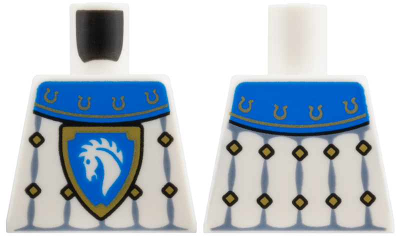 Lego Torso Castle Surcoat, Blue Collar with Gold Horseshoes, Sand Blue Trim with Diamonds, Horse Knight Shield Pattern