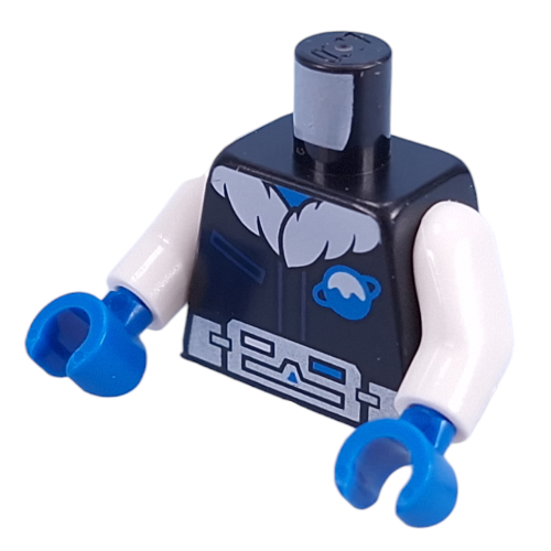 Lego Torso Space Suit, White Fur Color, Ice Planet Logo, Silver Belt print, White Arms, Blue Hands / Black