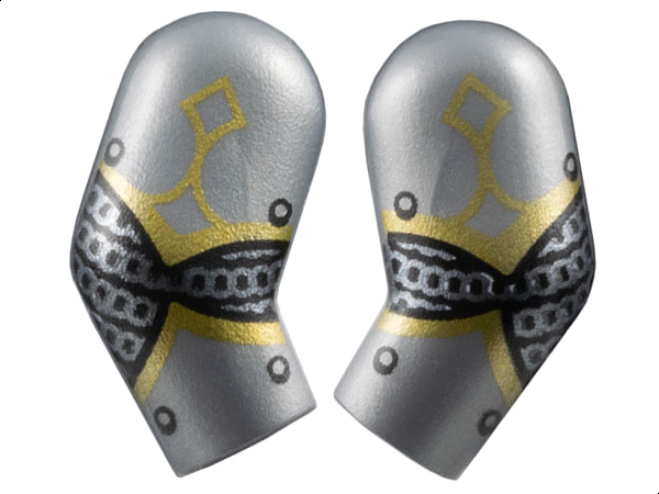 Lego Arm, (Matching Left and Right) Pair with Armor Plates, Dark Silver Chain Mail, Gold Trim and Black Rivets Pattern / Flat Silver